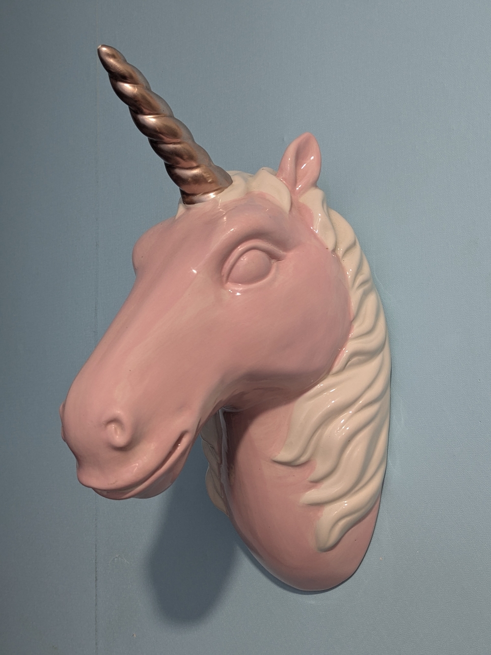 Pink Unicorn Ceramic Wall Sculpture with Gold Horn